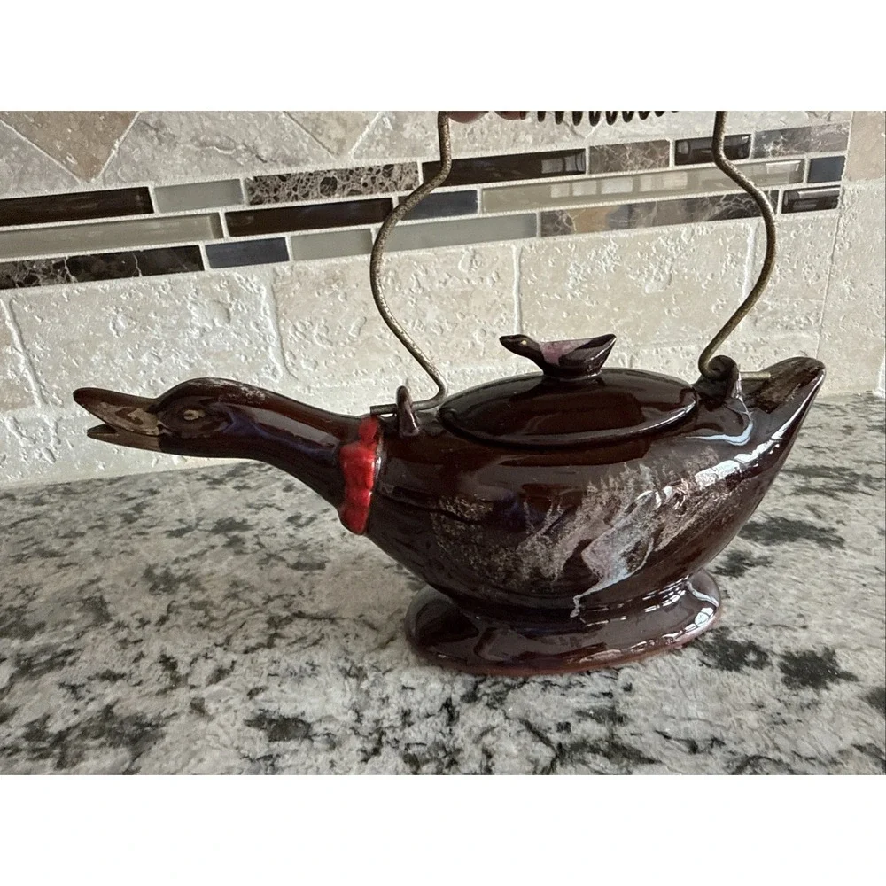 Vintage 1950's Redware Bird  Shaped Teapot with Metal Spirl Handle 10in Long